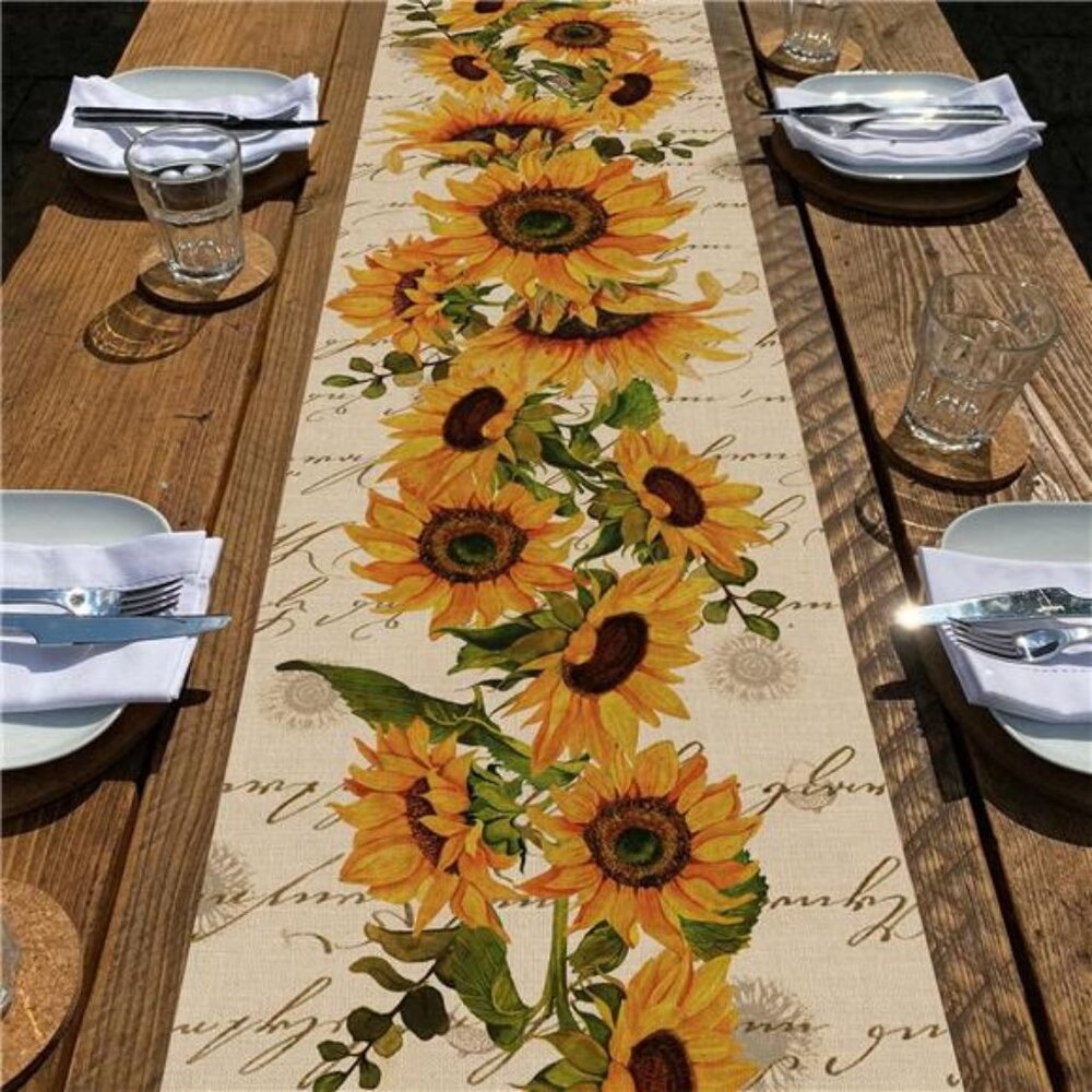 Fall Sunflowers Table Runner 13x72” -Vintage Floral Farmhouse Decor for Kitchen